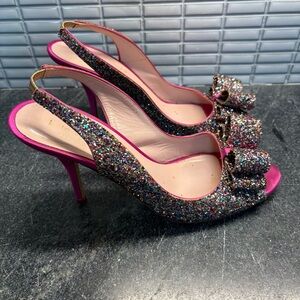 Kate Spade Hot Pink Satin & Rainbow Sparkle Glitter Slingback Heels Size 9.5